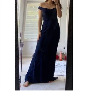 Navy off the shoulder prom dress